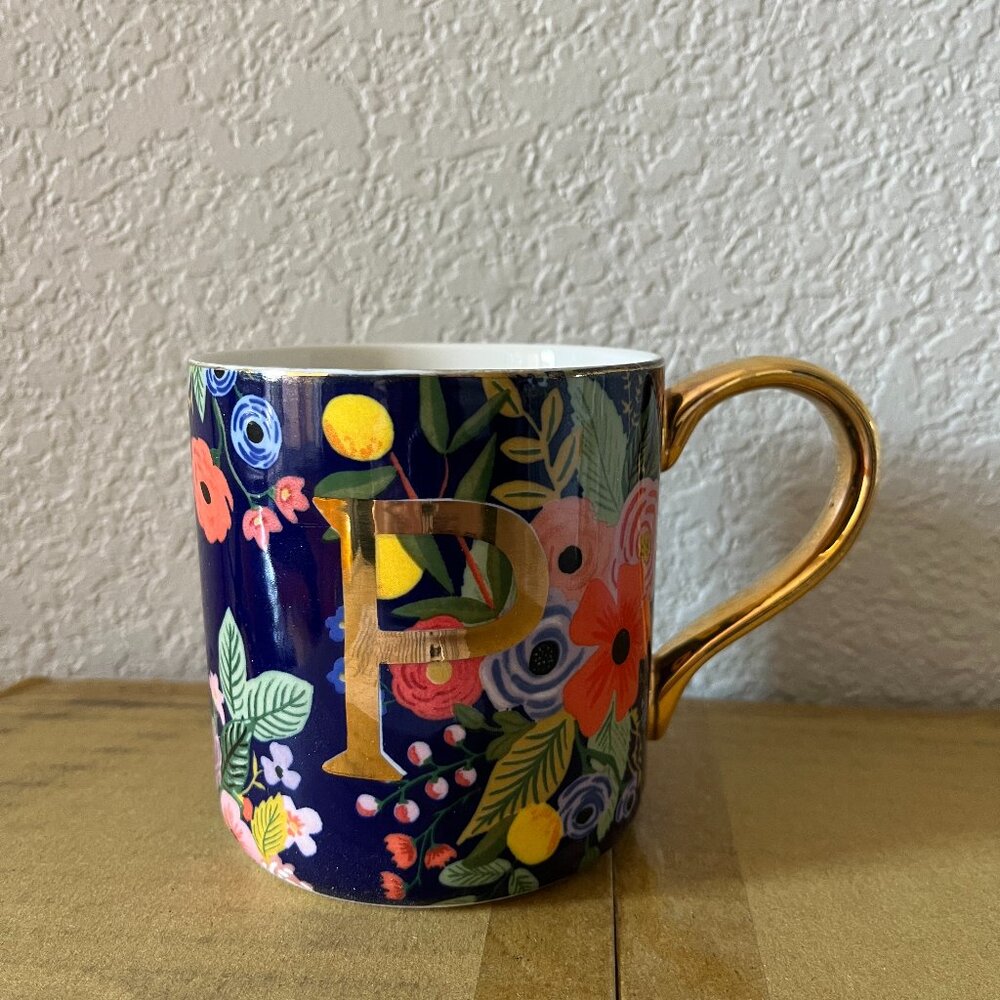 Anthropologie Letter P Initial Coffee Mug Rifle Paper Co Floral Gold Handle